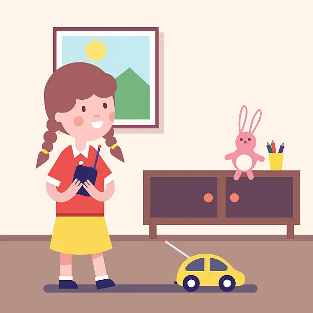 Vector illustration of Girl playing with remote controlled car