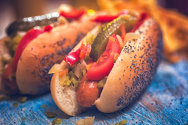 istock Chicago Style Hot Dog with Bacon, Chili Beans and Cheese 628517844