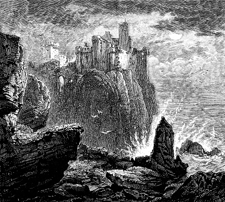 An image from Lord Byron's Poem Oscar of Alva castle turrets, from an 1886 antique book \