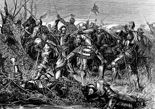 Knights and solders fight the Battle of Otterbourne, a battle in Scotland in 1388 from an 1886 antique book \
