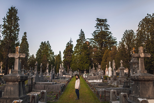 A young woman visiting a cemetery