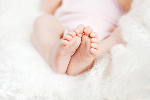Close up picture of newborn baby feet in knitted plaid
