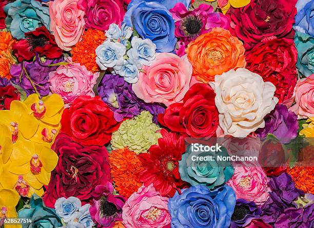 Beautiful Multicolored Artificial Flowers Background Stock Photo - Download Image Now