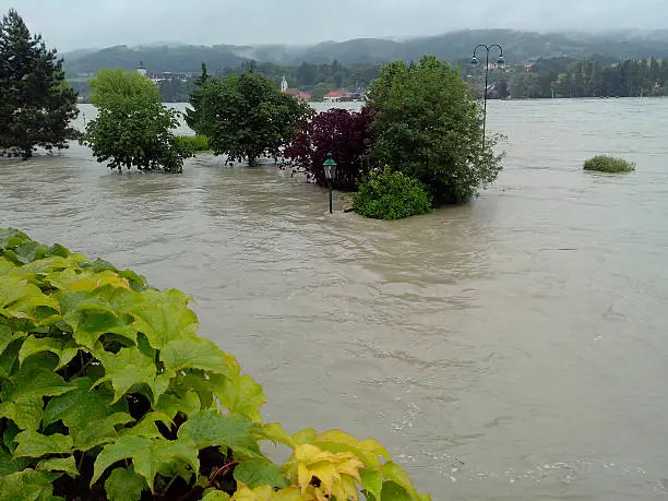 Danube flooding in Lower Austria in June 2013. Photo was taken in a little town Ybbs an der Donau. It shows how high the level of water in Danube can be and permanent gray sky during these stressful days.