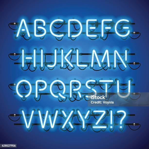 Glowing Neon Blue Alphabet Stock Illustration - Download Image Now - Neon Colored, Neon Lighting, Typescript