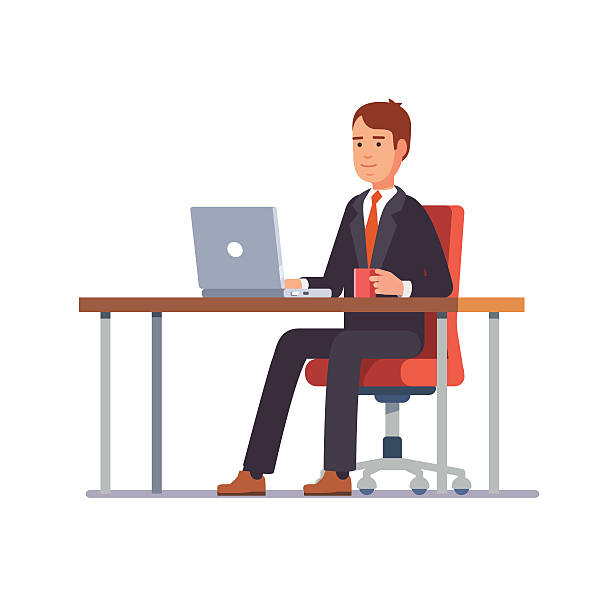 бизнесмен, работающий за своим офисным столом - office chair illustrations stock illustrations