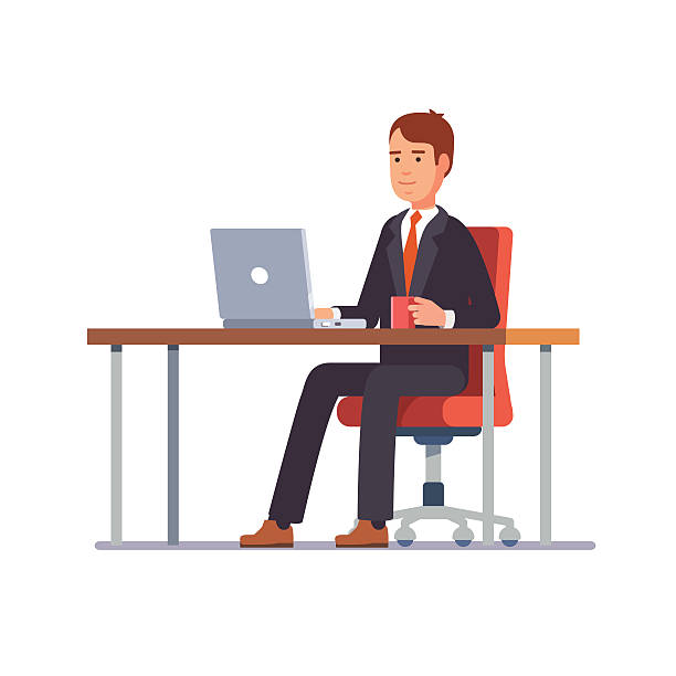Business man working at his office desk Business man entrepreneur in a suit working on a laptop computer at his clean and sleek office desk. Flat style color modern vector illustration. desk stock illustrations