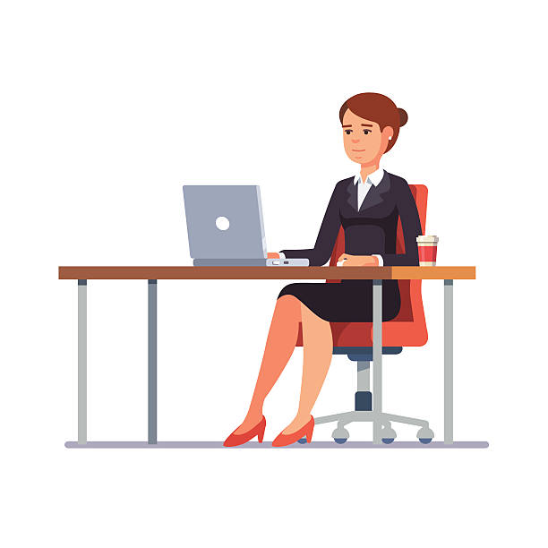 Business woman working at her clean office desk Business woman lady entrepreneur in a suit working on a laptop computer at her clean and sleek office desk. Flat style color modern vector illustration. financial advisor illustrations stock illustrations