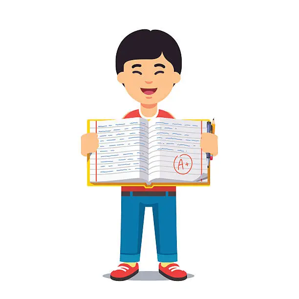 Vector illustration of Asian boy and open work book with handwriting