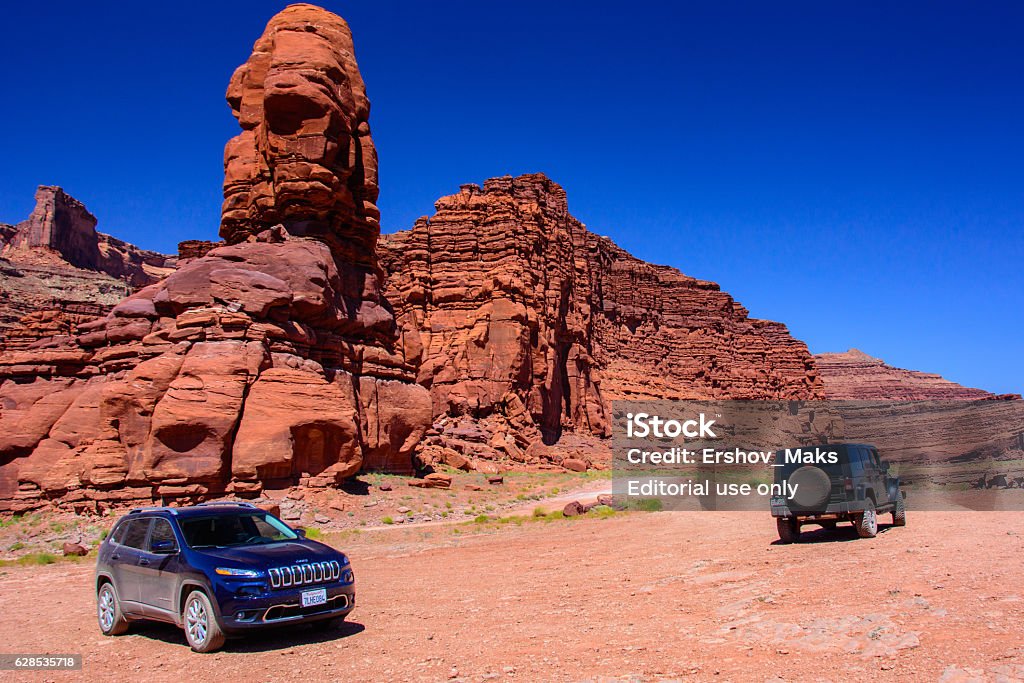 Jeep on the Shafer Trail road in Canyonlands National Park Moab, Utah, USA - June 15, 2015: Jeep on the Shafer Trail road in Canyonlands National Park 4x4 Stock Photo