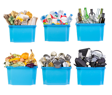 Recycling bins with paper, plastic, glass, metal, organic and electronic waste isolated on white background