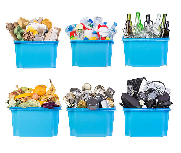 Recycling bins Recycling bins with paper, plastic, glass, metal, organic and electronic waste isolated on white background e waste photos stock pictures, royalty-free photos & images