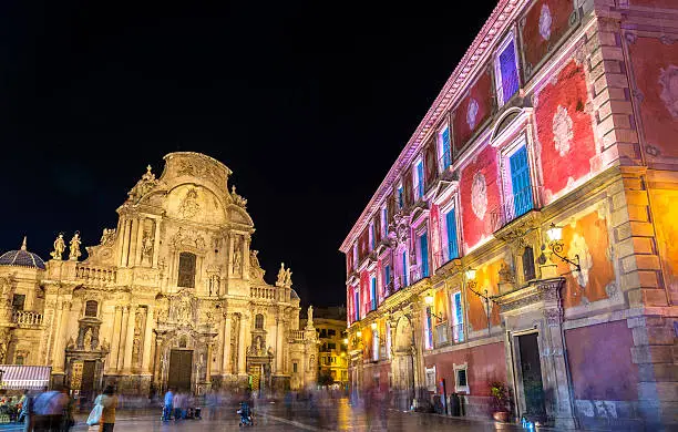 Santa Maria Cathedral and Episcopal Palace on Cardenal Belluga Square in Murcia, Spain