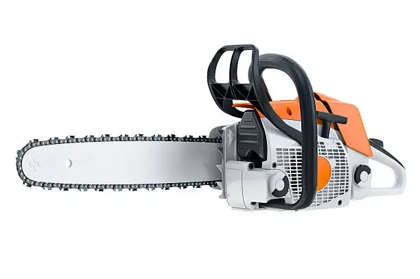 Chainsaw gasoline orange, white and black, modern style. 3D rendering