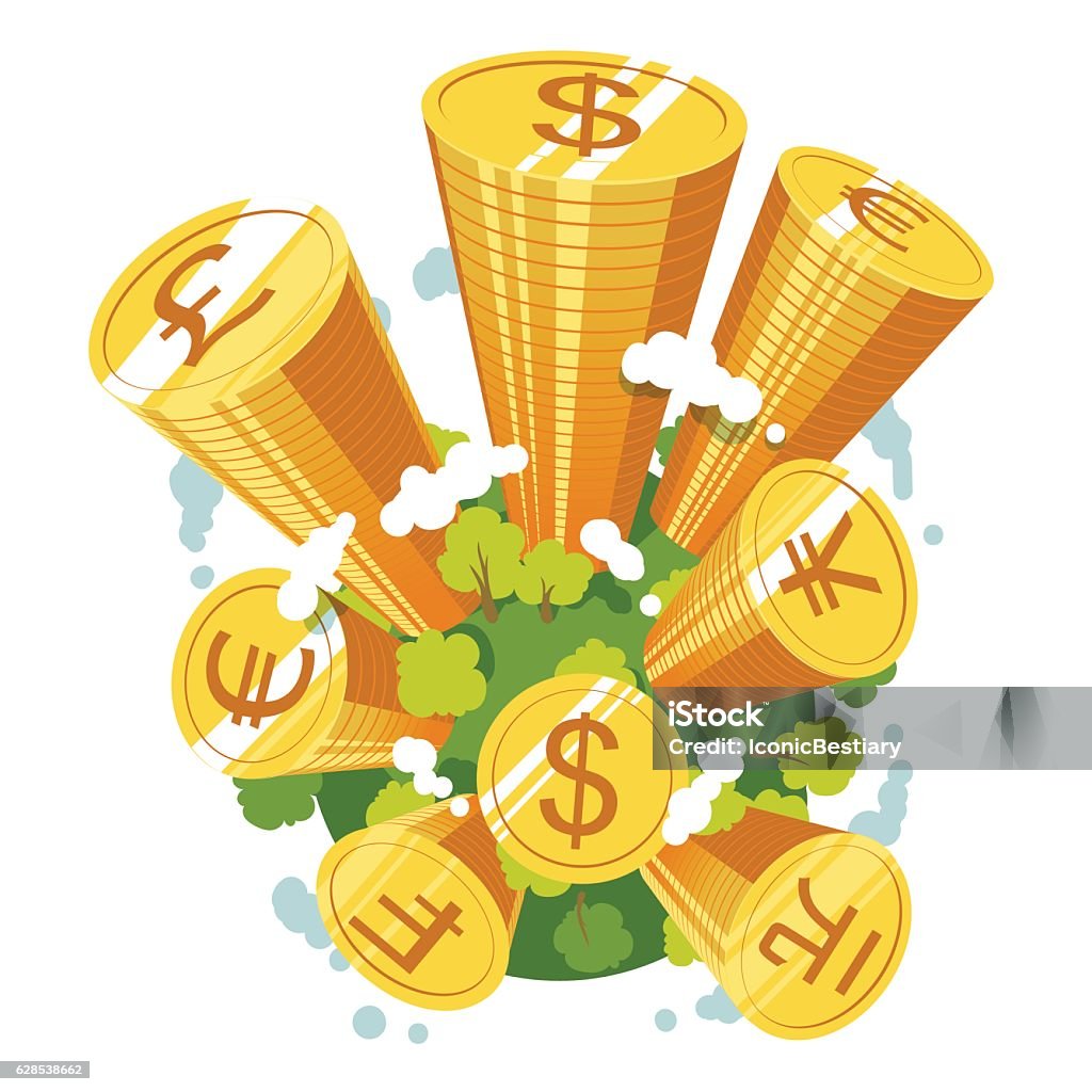 World reserve currencies concept Earth globe with coins stacks growing through the sky like money skyscrapers. World reserve currencies concept. Flat style vector illustration clipart. Currency stock vector