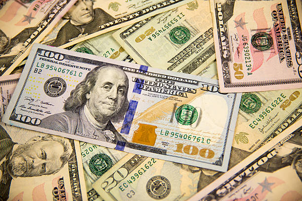 istock Back ground of various American currency 628548046