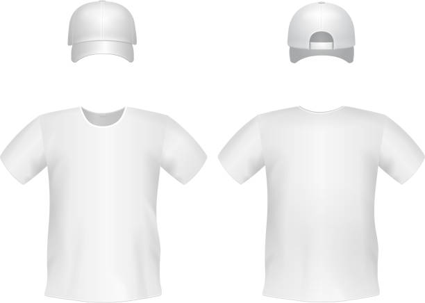 화이트 블랭크 남성 티셔츠 템플릿과 캡 - baseball cap cap men baseball stock illustrations