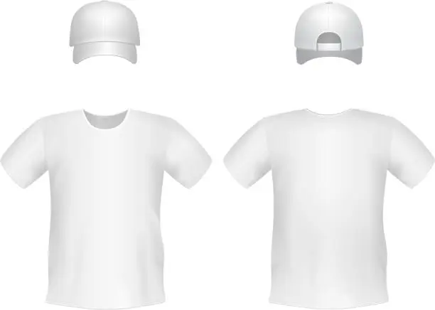 Vector illustration of White blank men's t-shirt template with a cap