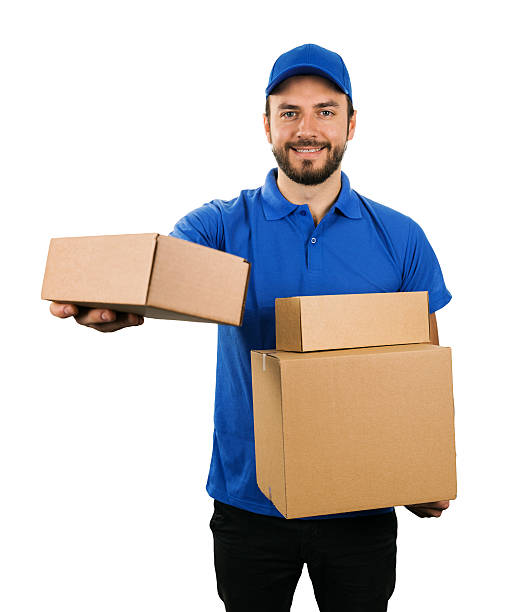 istock delivery courier giving cardboard shipping box. isolated on white 628550828