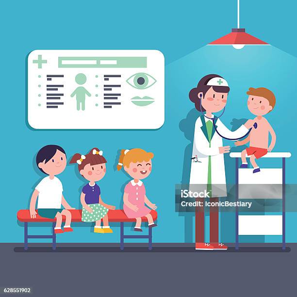 Pediatrician Doctor Woman Examining Kids Stock Illustration - Download Image Now - Nurse, Doctor, Child