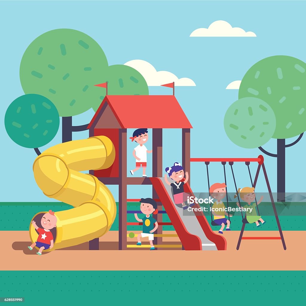 Kids playing game on a public park playground Group of kids playing game on a town public park playground with swings, slides, tube and house. Happy childhood. Modern flat style vector illustration cartoon clipart. Playground stock vector