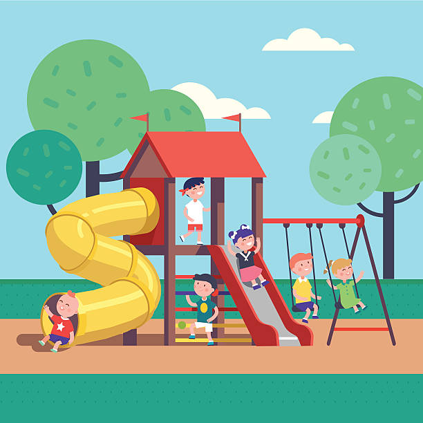 Kids playing game on a public park playground Group of kids playing game on a town public park playground with swings, slides, tube and house. Happy childhood. Modern flat style vector illustration cartoon clipart. recess cartoon stock illustrations