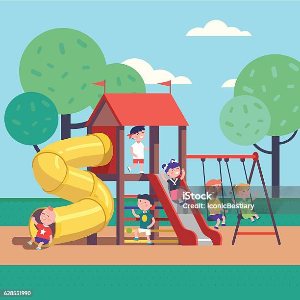 Kids Playing Game On A Public Park Playground Stock Illustration - Download Image Now - Playground, Schoolyard, Clip Art