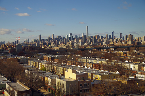 View of New York City Manhattan skyline overlooking Astoria Queens NYC