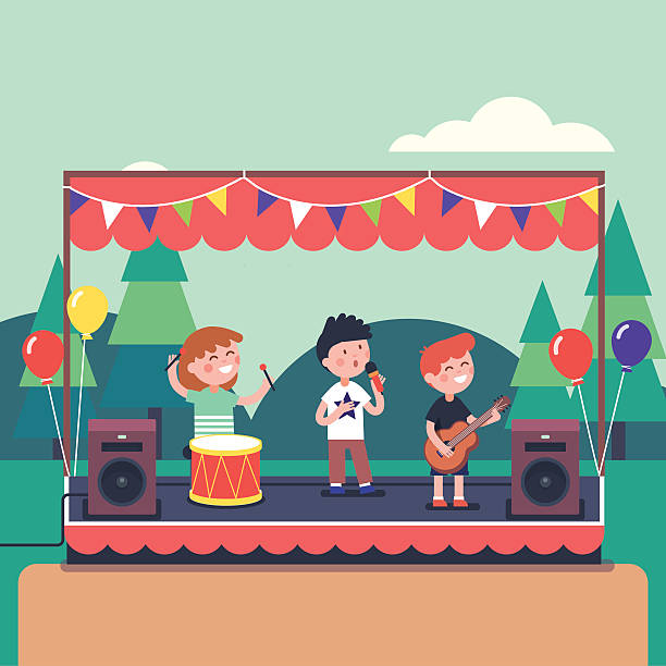 illustrazioni stock, clip art, cartoni animati e icone di tendenza di band musicale per bambini che suona al festival del parco pubblico - organization performing arts event pattern people