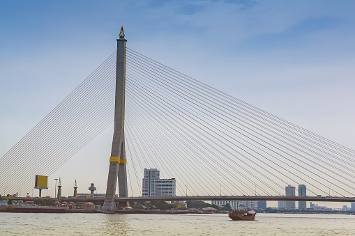 Cityscape of Rama VIII Bridge , mega suspension bridge across Chaopraya river in Bangkok,Thailand.