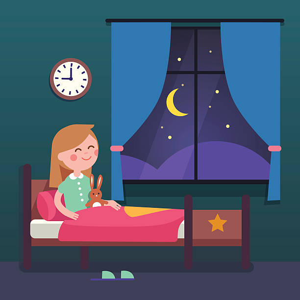 Girl kid preparing to sleep bedtime in bed Girl kid preparing to sleep bedtime in her bedroom bed. Good night time. Modern flat style vector illustration cartoon clipart. bedroom clipart stock illustrations