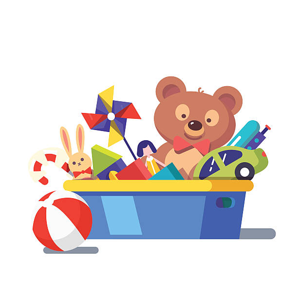 ilustrações, clipart, desenhos animados e ícones de caixa de brinquedos infantil cheia de brinquedos - brinquedos