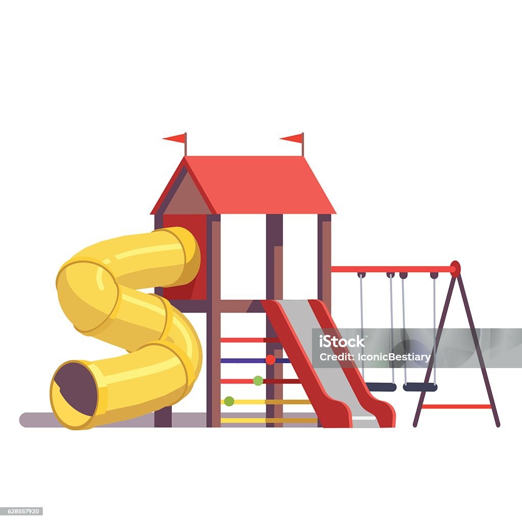 Kids playground equipment Kids playground equipment with swings, slides and tube isolated on white background. Modern flat style vector illustration cartoon clipart. Playground stock vector