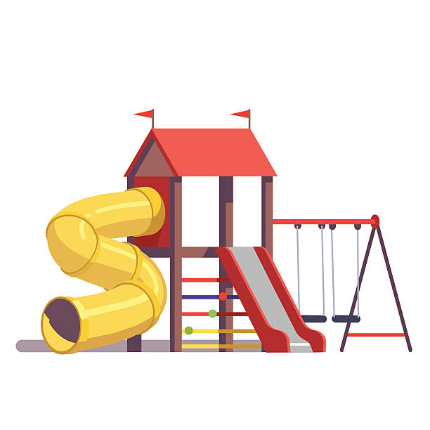 Kids playground equipment Kids playground equipment with swings, slides and tube isolated on white background. Modern flat style vector illustration cartoon clipart. schoolyard stock illustrations