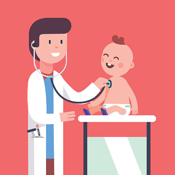 Pediatrician doctor examining little baby boy Pediatrician doctor examining little baby boy doing his health checkup. Listening to his heart beat and lungs with stethoscope. Modern flat style vector illustration cartoon clipart. baby heart rate stock illustrations