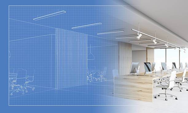 istock Blueprint of an office becoming an actual workplace 628558804