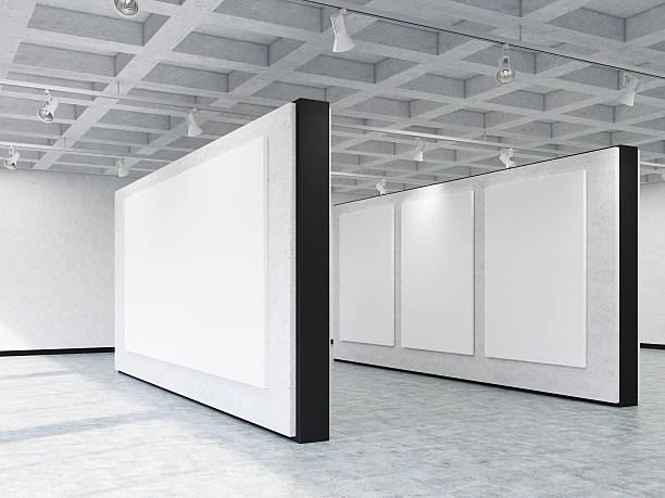 istock Side view of art gallery walls with various banners 628559280