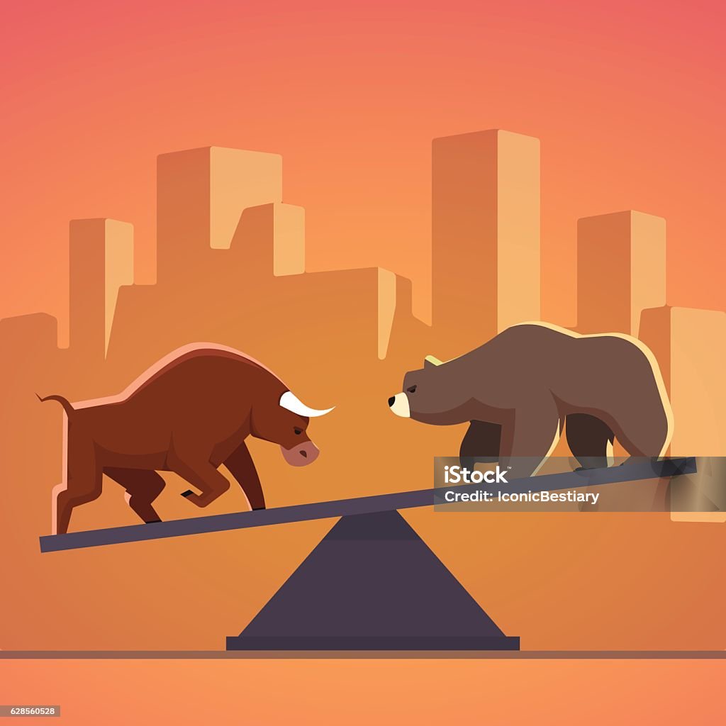 Stock market bulls and bears battle metaphor Stock market bulls and bears battle metaphor. Stock exchange trading business concept with city downtown sunset background. Modern fat style vector illustration. Bull - Animal stock vector