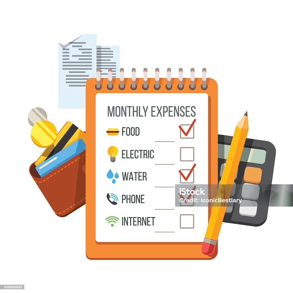 Expenses checklist, receipts, wallet, calculator Monthly expenses planning checklist with receipts, wallet and calculator. Flat style vector icon illustration. Budget stock vector