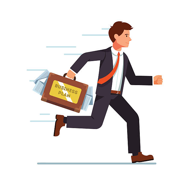 Businessman running with business plan in suitcase Businessman running with business plan in his suitcase. Hurrying fast with his ideas to an investor meeting. Flat style vector character illustration. priority baggage tag stock illustrations