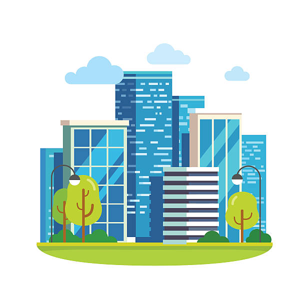 ilustrações, clipart, desenhos animados e ícones de paisagem minimalista do centro da cidade e arranha-céus - skyscraper construction built structure single object