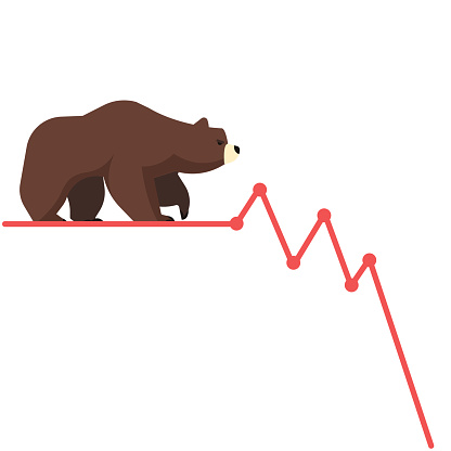 Stock exchange market bears metaphor. Falling, declining down stock price. Trading business concept. Modern fat style vector illustration.