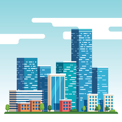 City downtown landscape with high skyscrapers piercing clouds in the sky. Flat style vector illustration.
