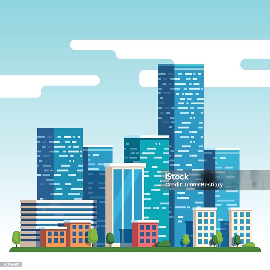 City downtown landscape with high skyscrapers City downtown landscape with high skyscrapers piercing clouds in the sky. Flat style vector illustration. Construction Industry stock vector