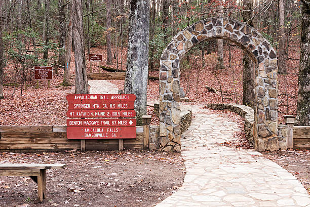 Appalachian Trail Approach Trail at Amicalola Falls State Park Appalachian trail approach sign at Amicalola Falls state park in Dawsonville Georgia. appalachian trail photos stock pictures, royalty-free photos & images