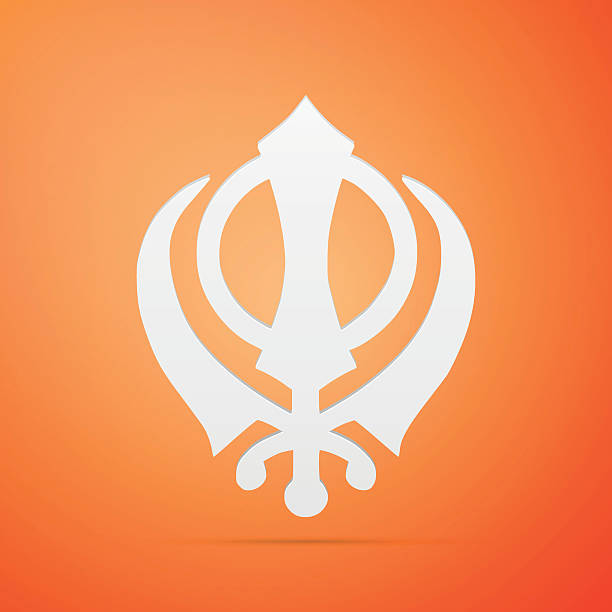 khanda sikh flache ikone auf orangefarbenem hintergrund. vektor-illustration - khanda stock-grafiken, -clipart, -cartoons und -symbole