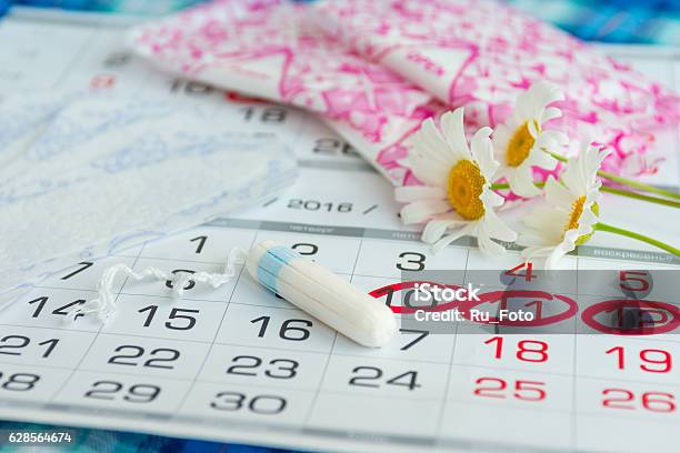 Woman Hygiene Protection Calendar Close Upmenstruation With Cotton Swabs Stock Photo - Download Image Now