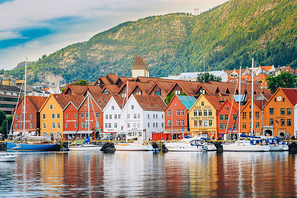 View of historical buildings, Bryggen in Bergen, Norway. UNESCO stock photo