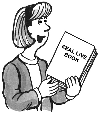 Education illustration of a teacher holding a real, live, paper book.