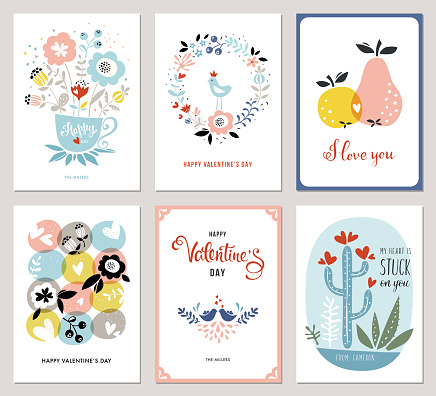 Valentine's Cards in scandinavian style. Bouquet, floral wreath, apple, pear, love birds, cacti and hearts. Vector illustration.